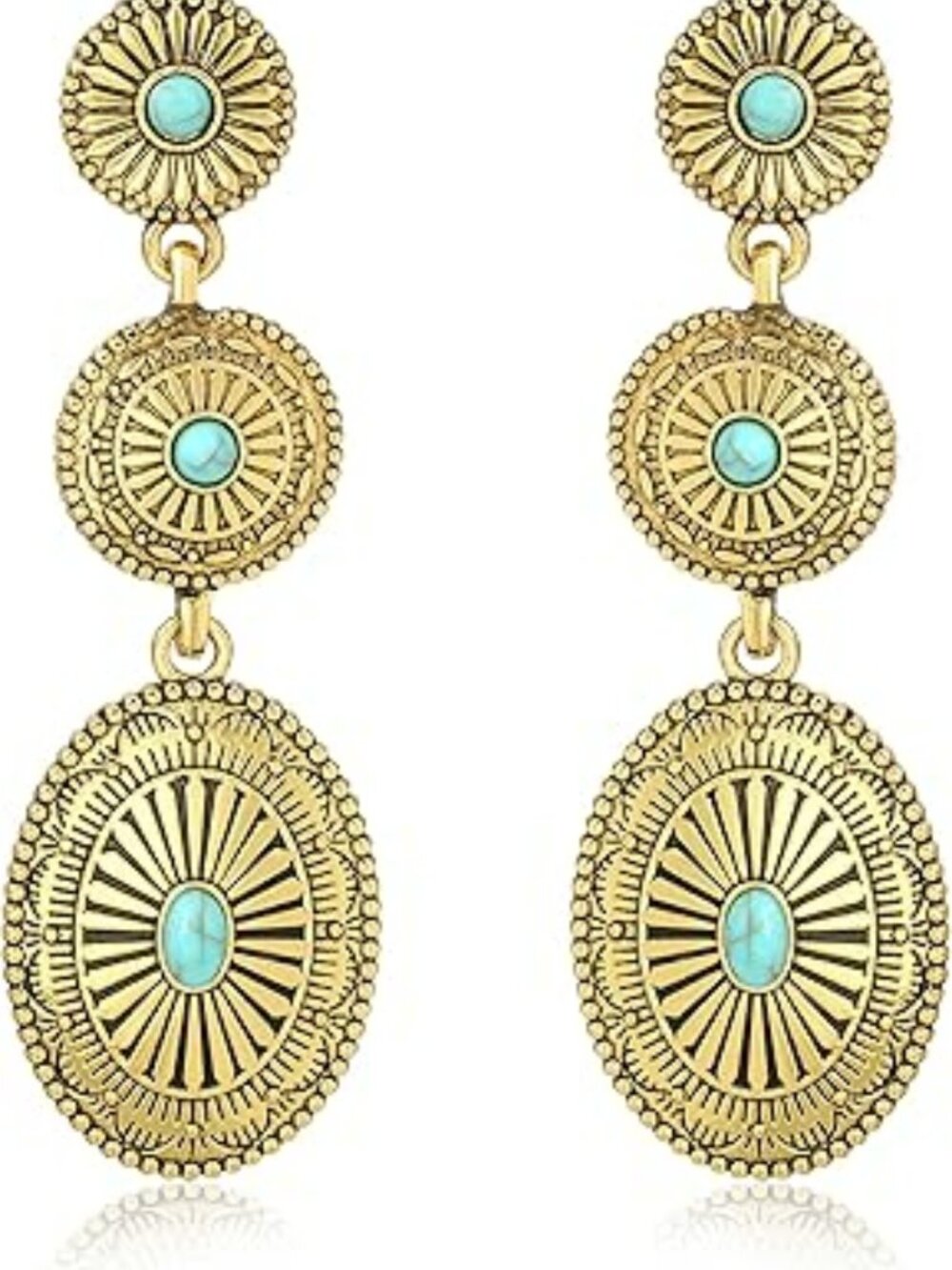 NEW Boho Western Cowgirl Bohemian Dangle Concho Earring Set Turquoise & Gold